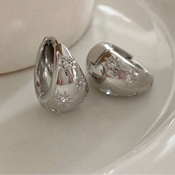 Silver celestial star rhinestone mini huggie tear hoop earrings - Picture 2 of 4